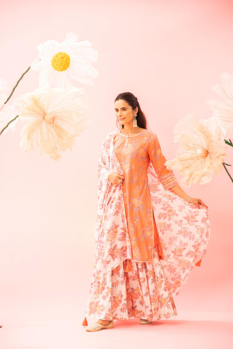 Orange Floral Printed Cotton Kurta Sharara Dupatta Set