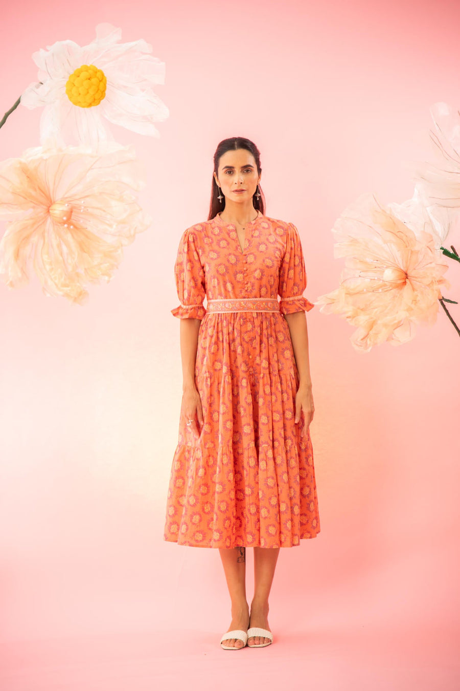 Orange Printed Tiered Maxi Dress with a Belt