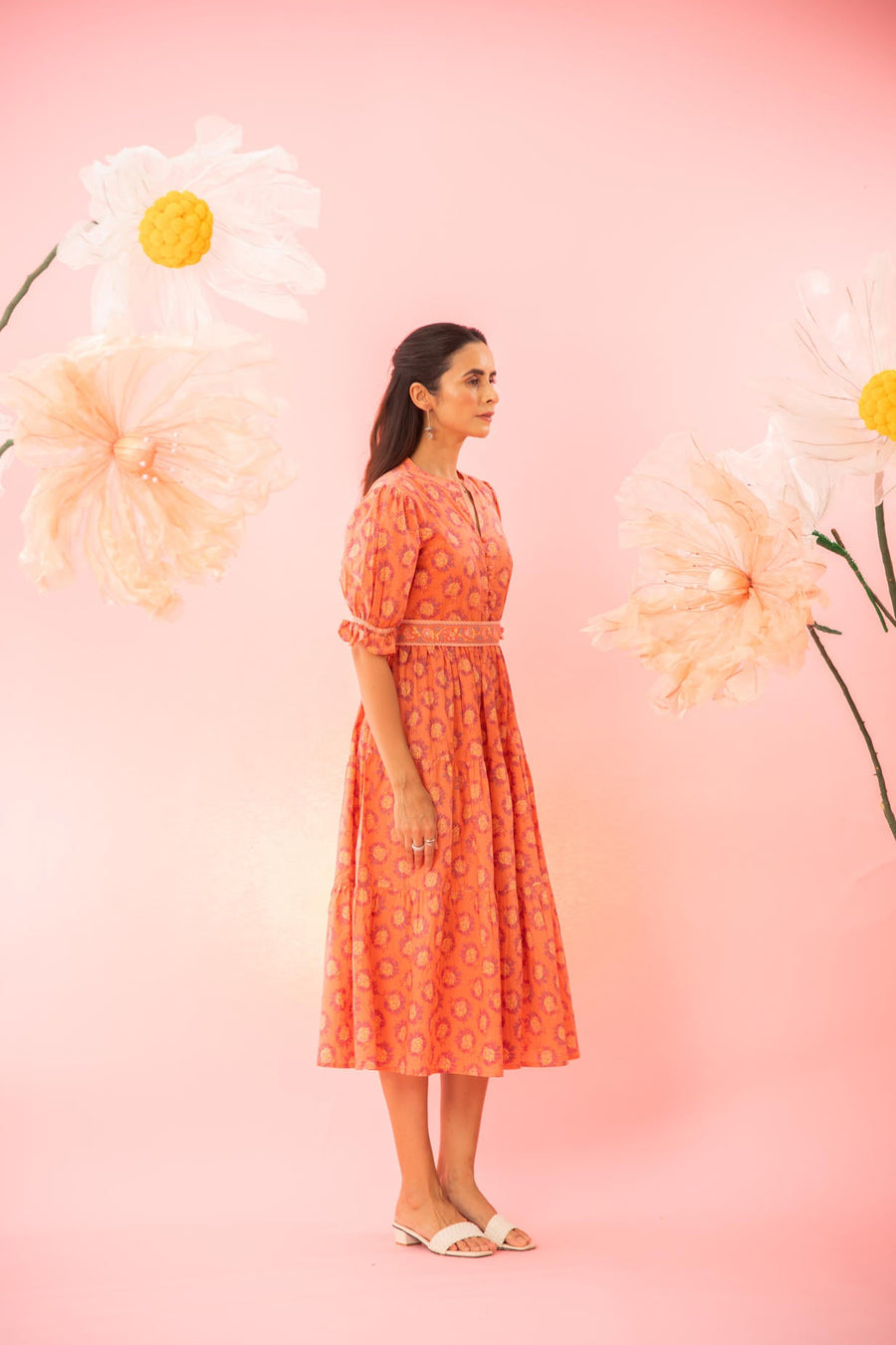 Orange Printed Tiered Maxi Dress with a Belt