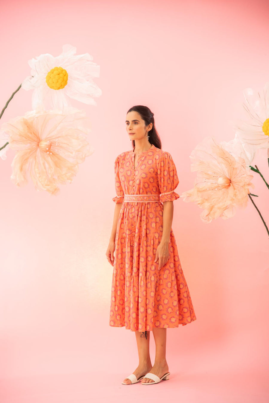 Orange Printed Tiered Maxi Dress with a Belt