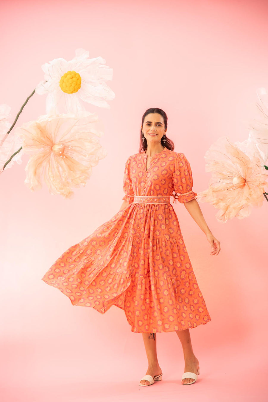 Orange Printed Tiered Maxi Dress with a Belt