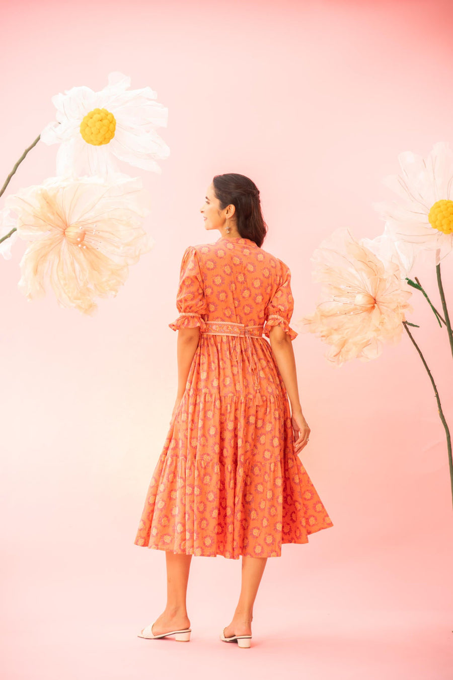 Orange Printed Tiered Maxi Dress with a Belt