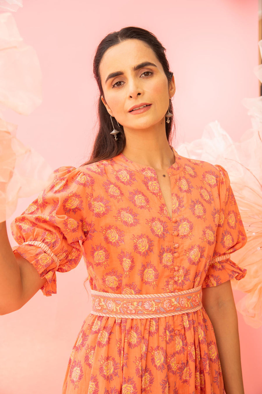 Orange Printed Tiered Maxi Dress with a Belt