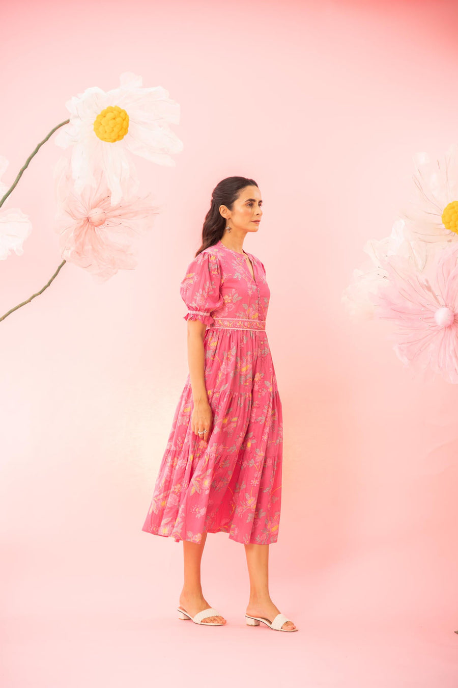 Pink Printed Tiered Maxi Dress with a Belt