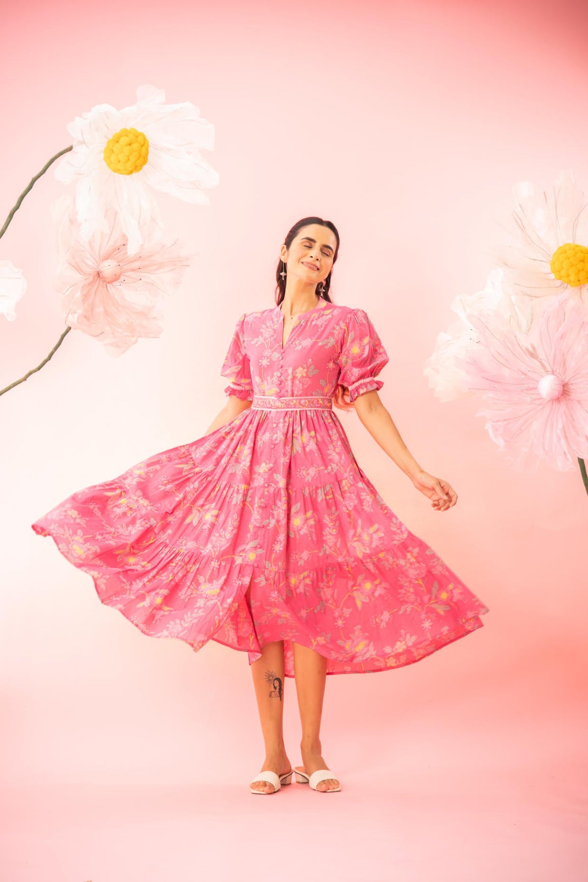 Pink Printed Tiered Maxi Dress with a Belt