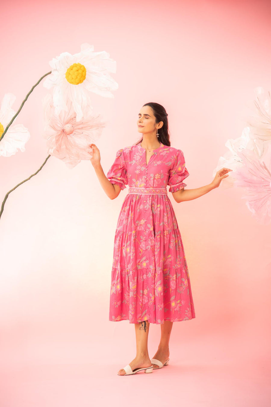 Pink Printed Tiered Maxi Dress with a Belt