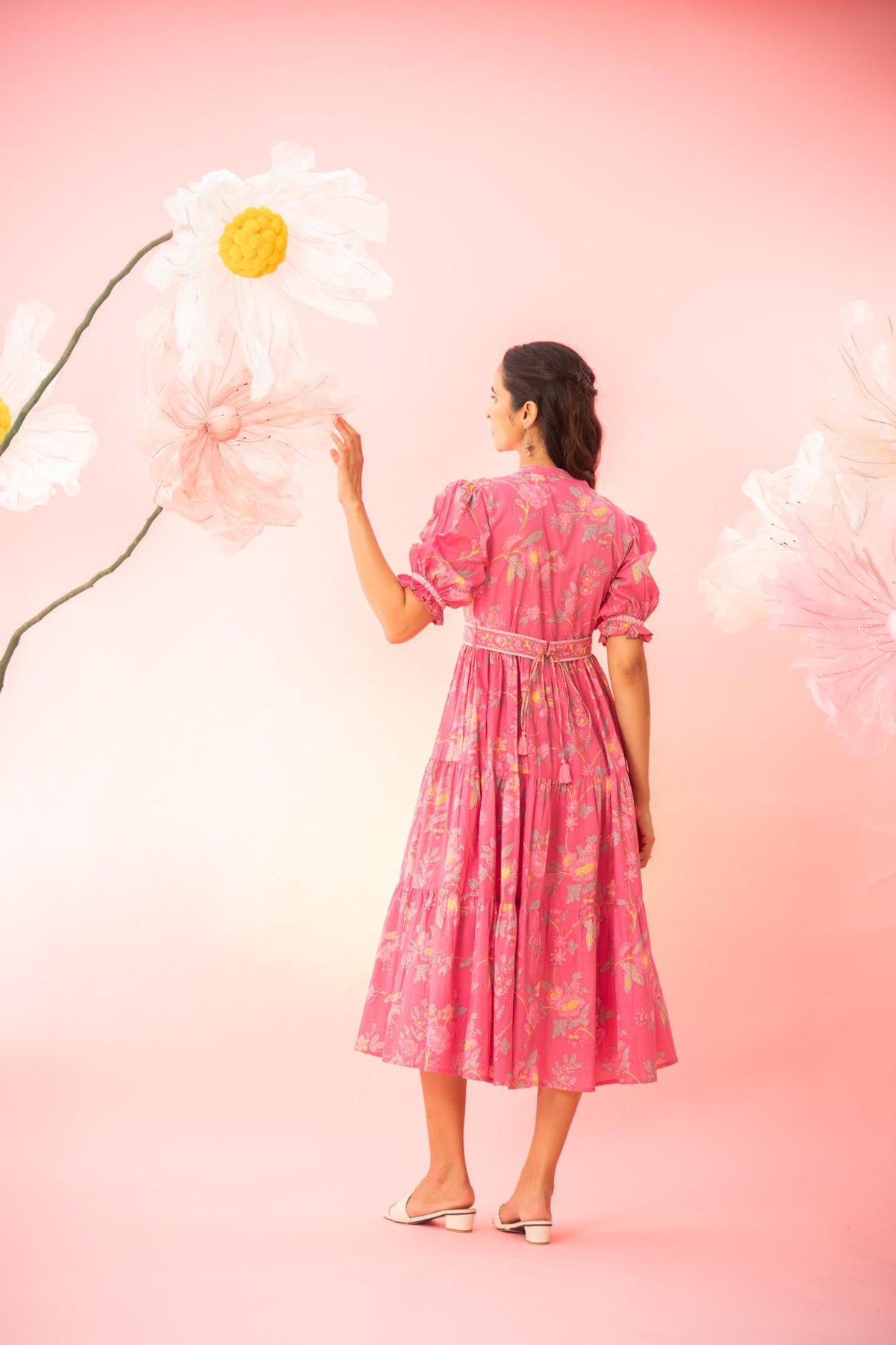 Pink Printed Tiered Maxi Dress with a Belt
