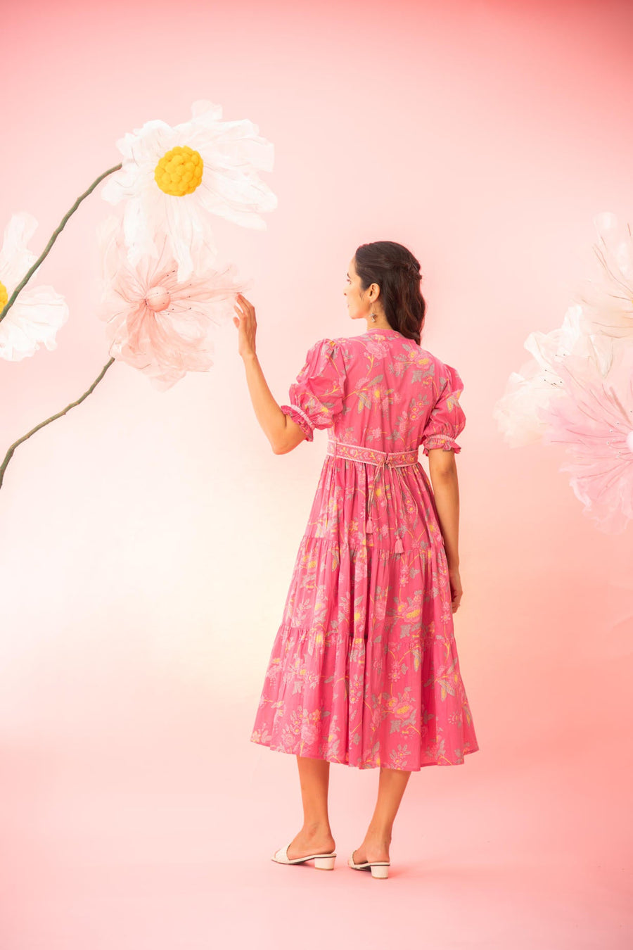 Pink Printed Tiered Maxi Dress with a Belt