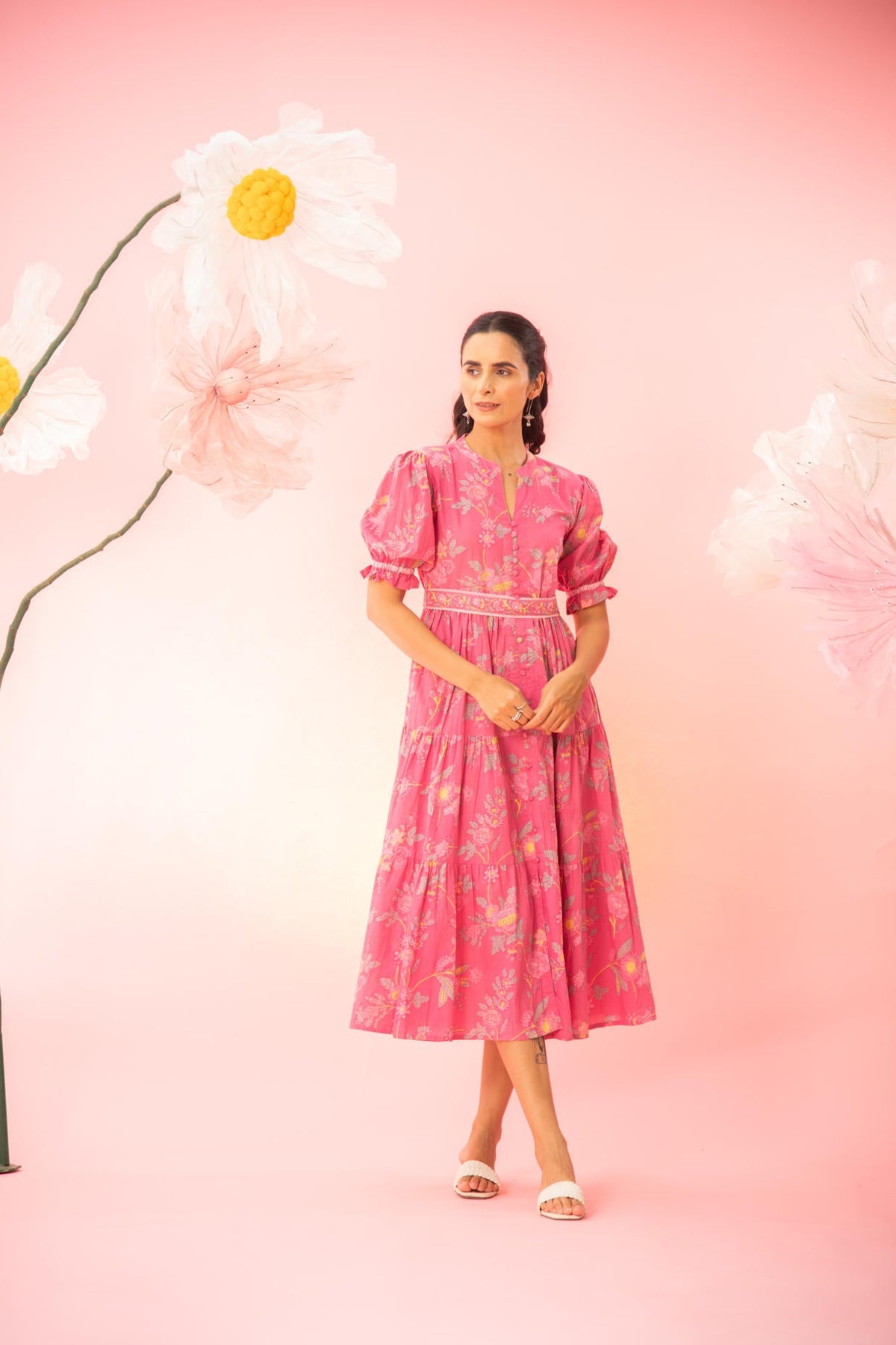 Pink Printed Tiered Maxi Dress with a Belt