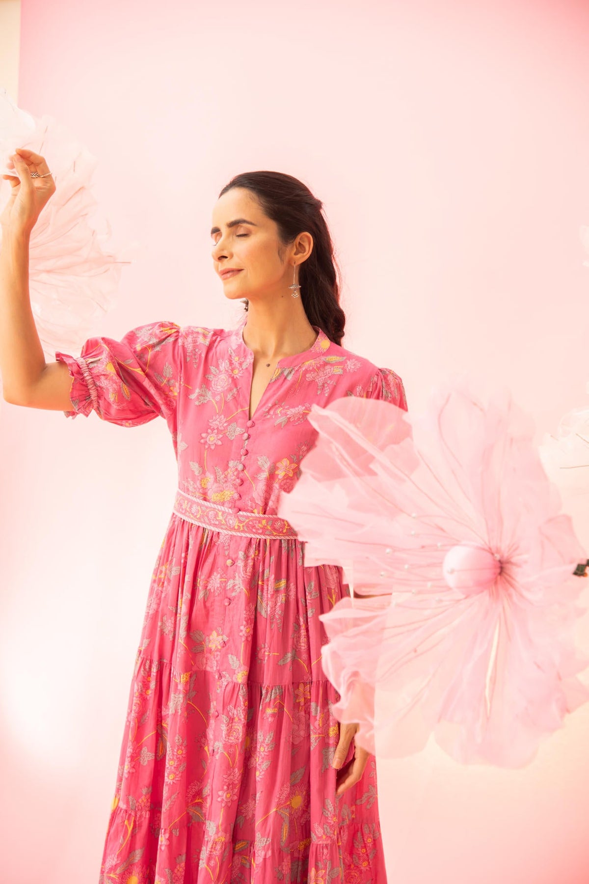 Pink Printed Tiered Maxi Dress with a Belt
