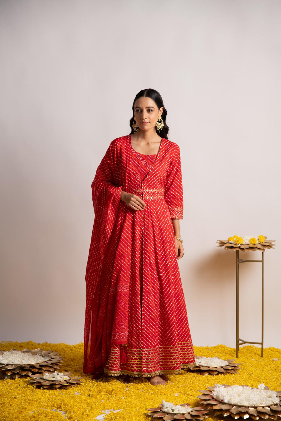 Red Laheriya Print Double layer Kalidaar Kurta with Dupatta