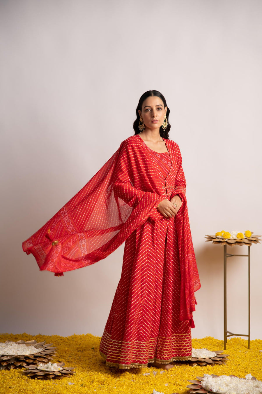 Red Laheriya Print Double layer Kalidaar Kurta with Dupatta