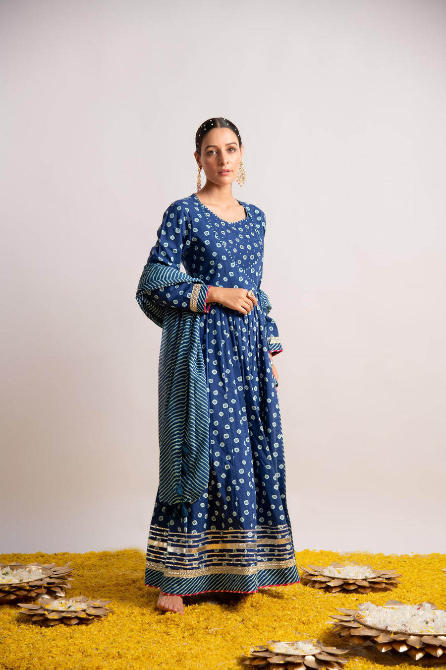 Blue Bandhani Print Kalidaar Dress with Dupatta