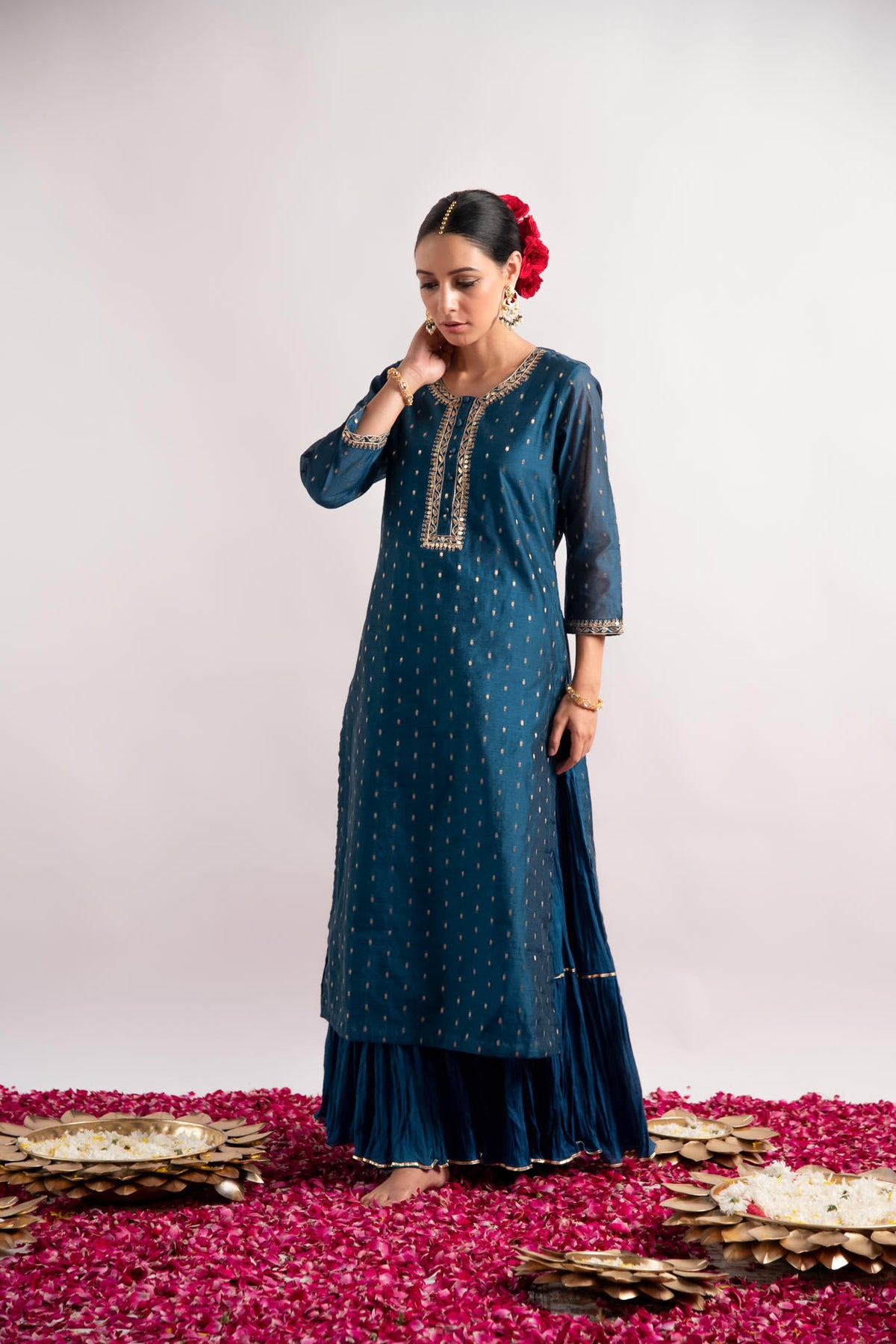 Teal Zari Woven Silk Chanderi Straight Kurta