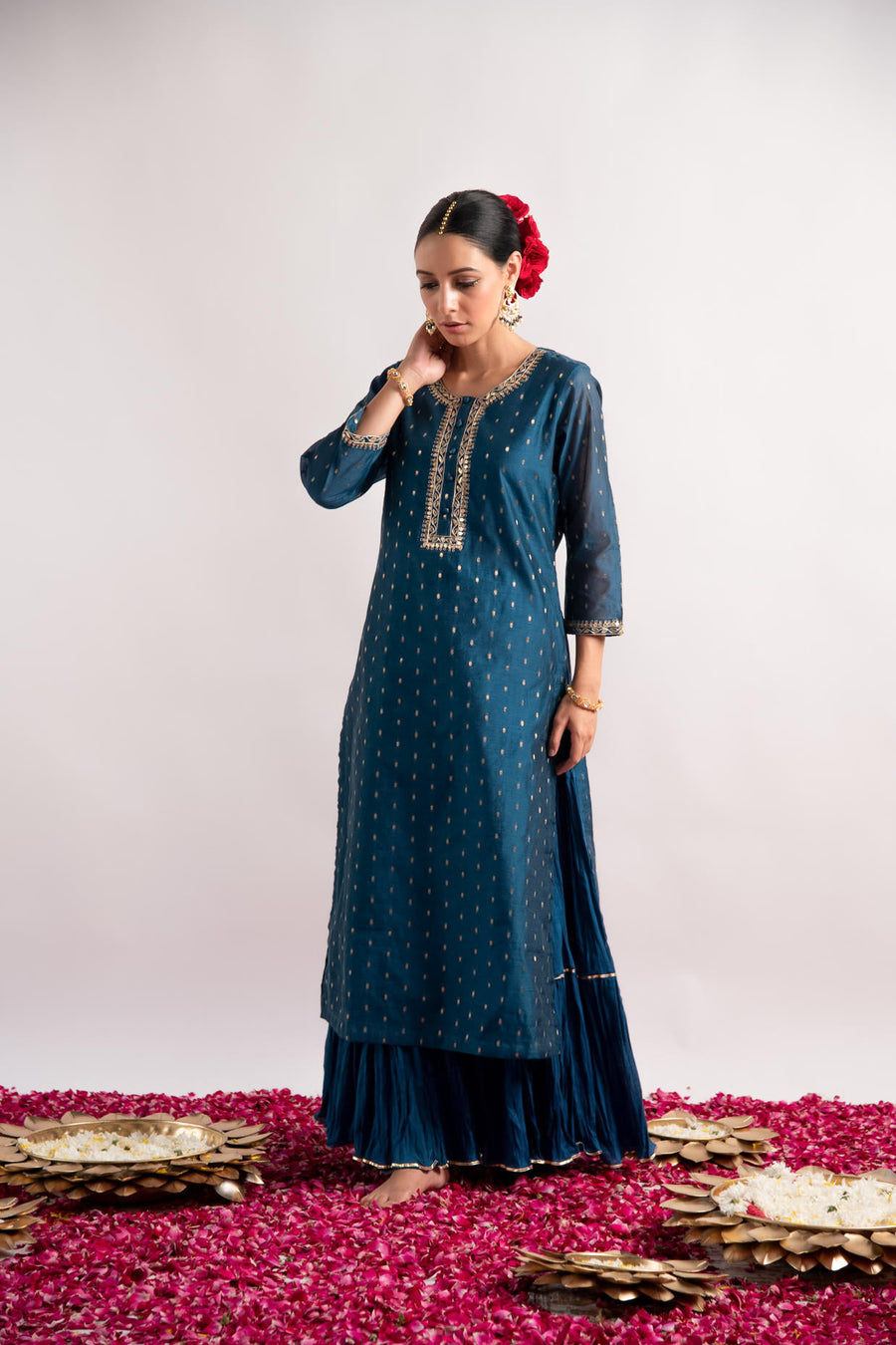 Teal Zari Woven Silk Chanderi Straight Kurta