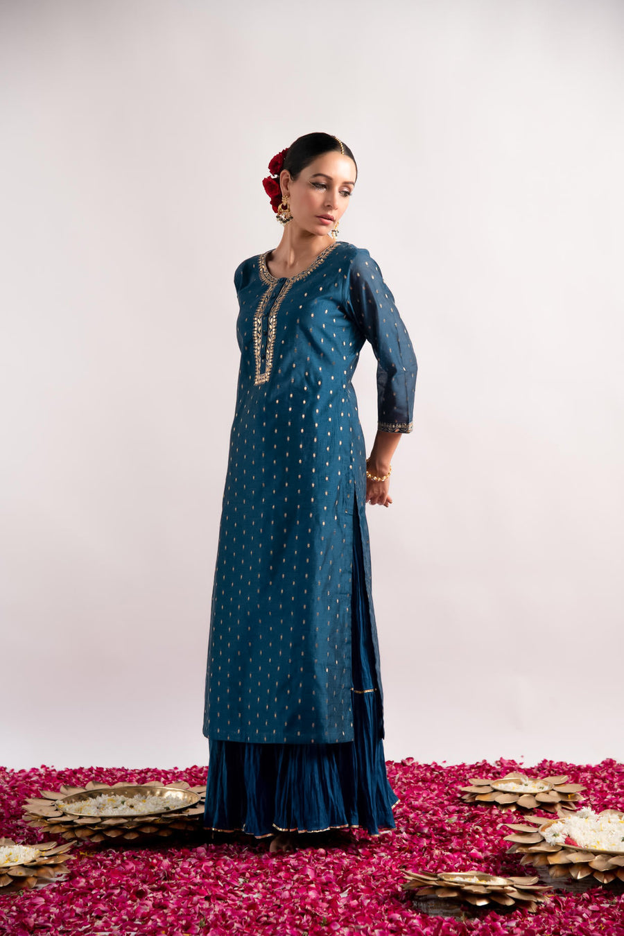 Teal Zari Woven Silk Chanderi Straight Kurta