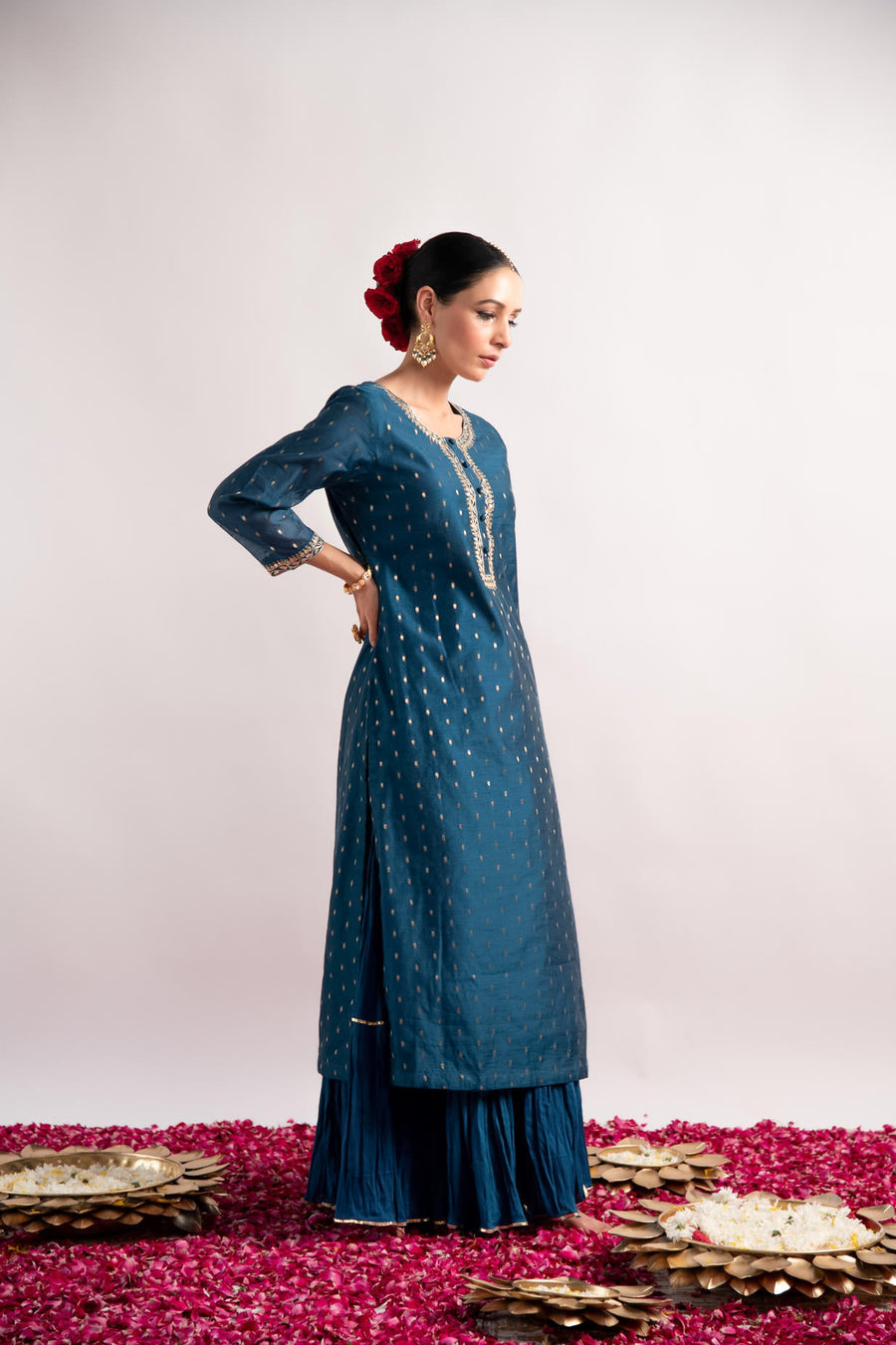 Teal Zari Woven Silk Chanderi Straight Kurta