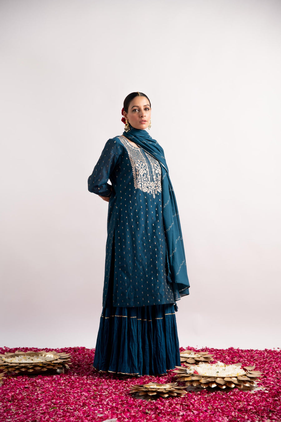 Teal Zari Woven Silk Chanderi Straight Kurta with Cotton Sharara and Dupatta