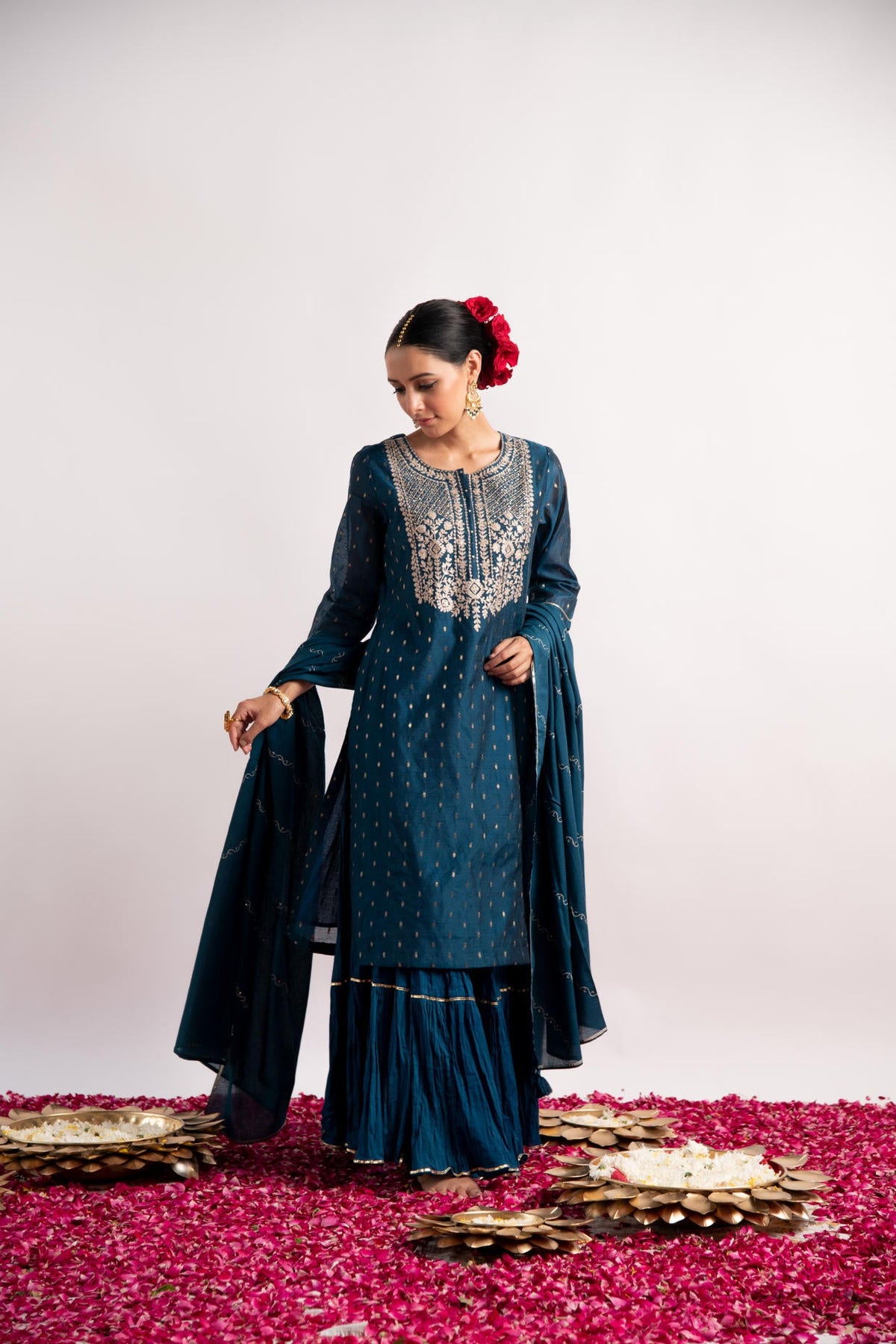 Teal Zari Woven Silk Chanderi Straight Kurta with Cotton Sharara and Dupatta