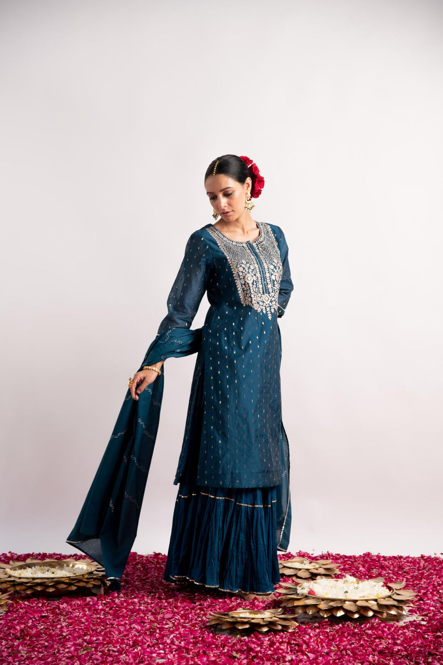 Teal Zari Woven Silk Chanderi Straight Kurta with Cotton Sharara and Dupatta