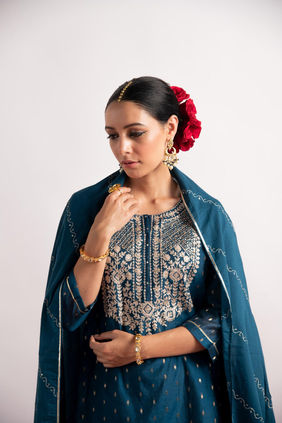 Teal Zari Woven Silk Chanderi Straight Kurta with Cotton Sharara and Dupatta