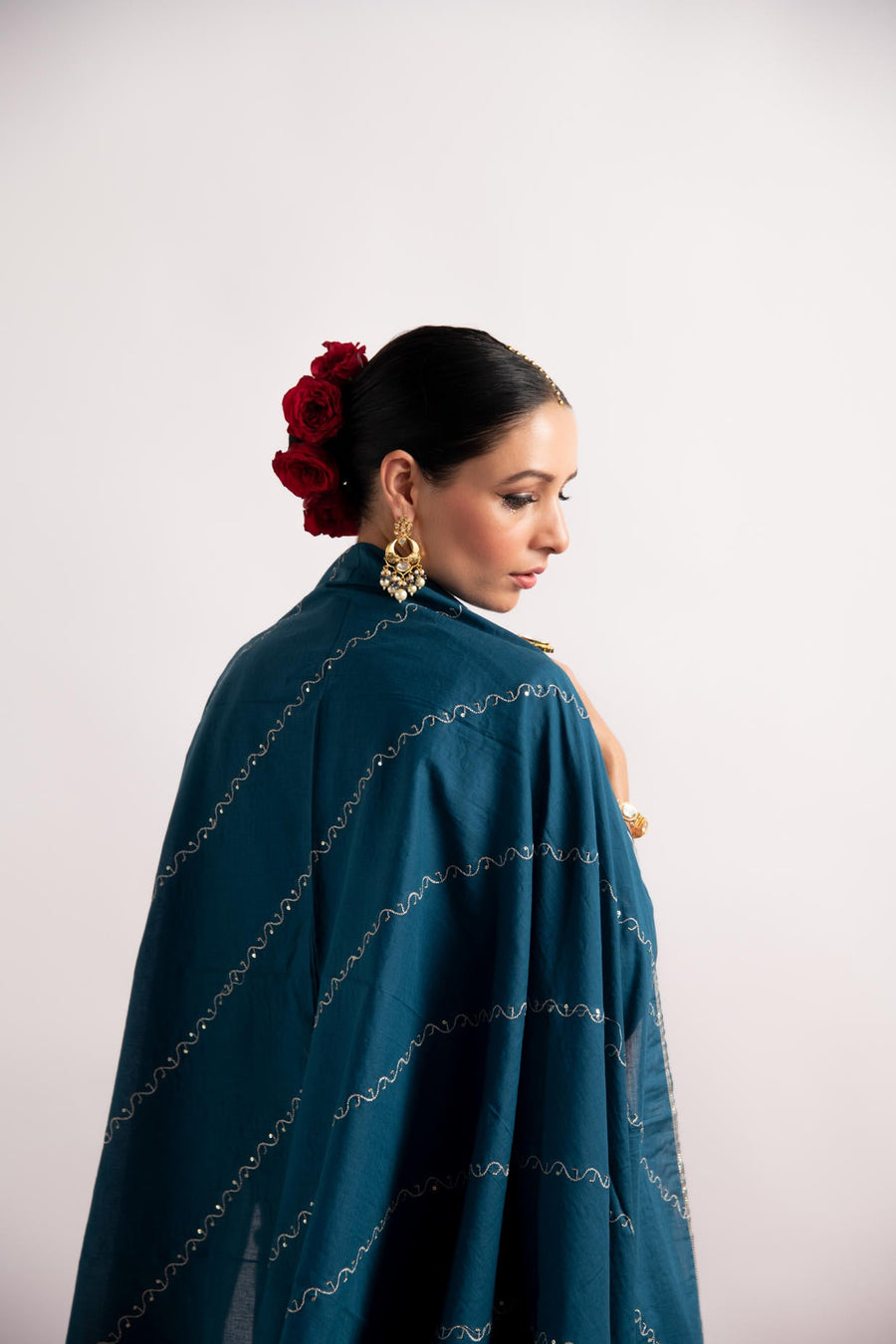 Teal Zari Woven Silk Chanderi Straight Kurta with Cotton Sharara and Dupatta