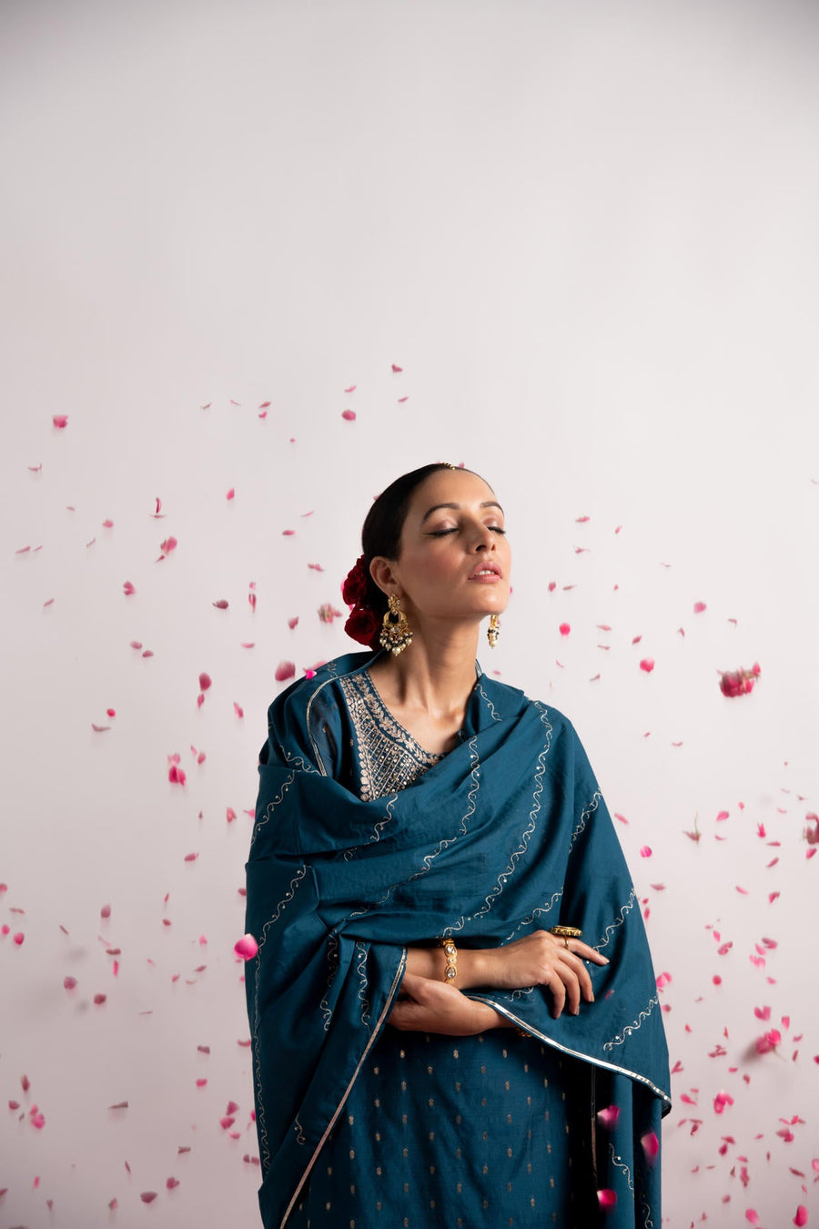 Teal Zari Woven Silk Chanderi Straight Kurta with Cotton Sharara and Dupatta