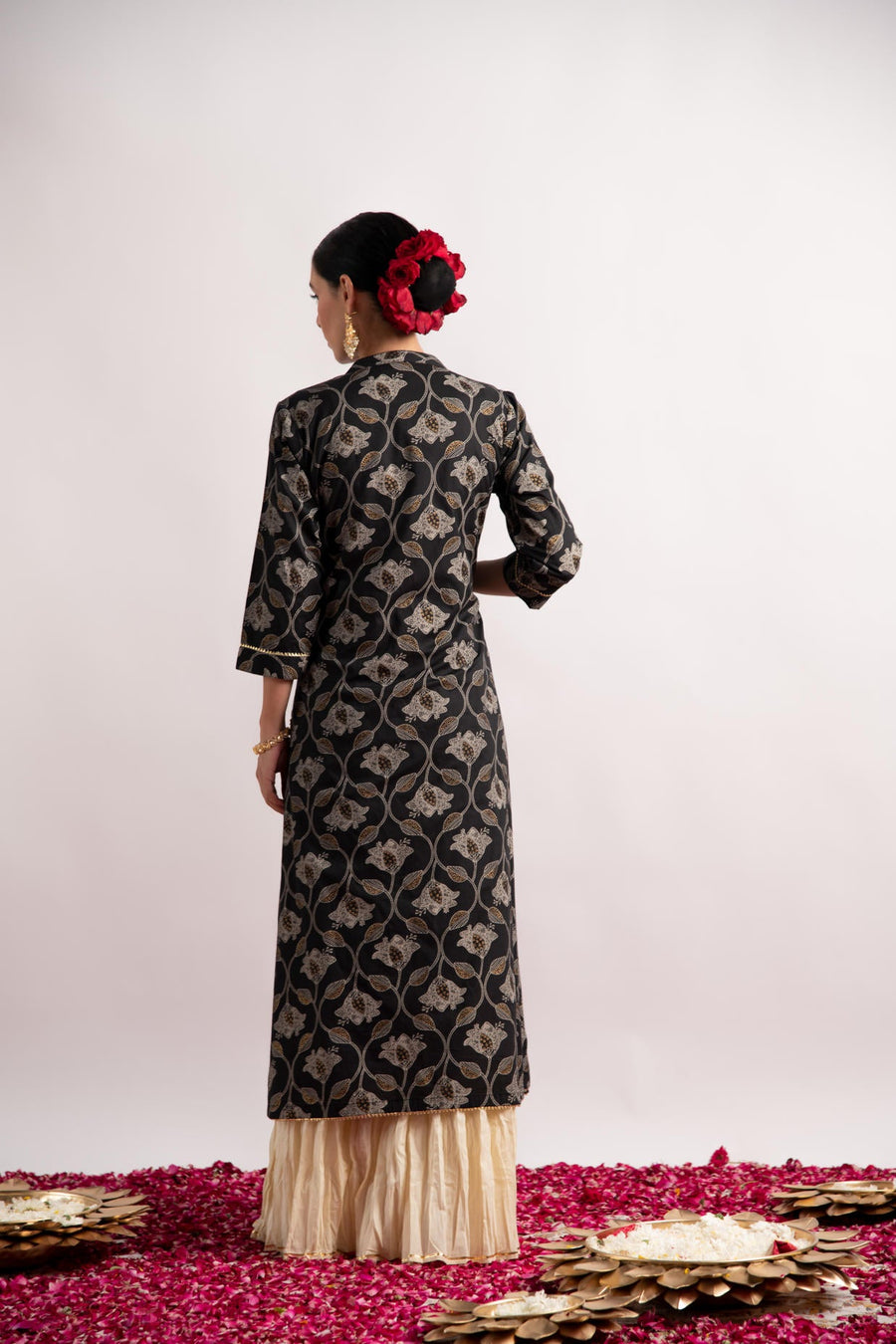 Black Gold Print Double Layer Dress Kurta