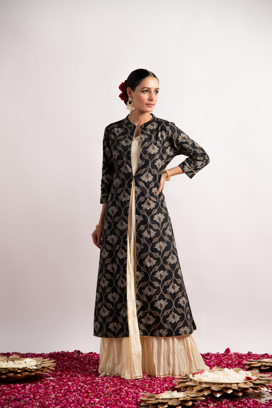 Black Gold Print Double Layer Dress Kurta
