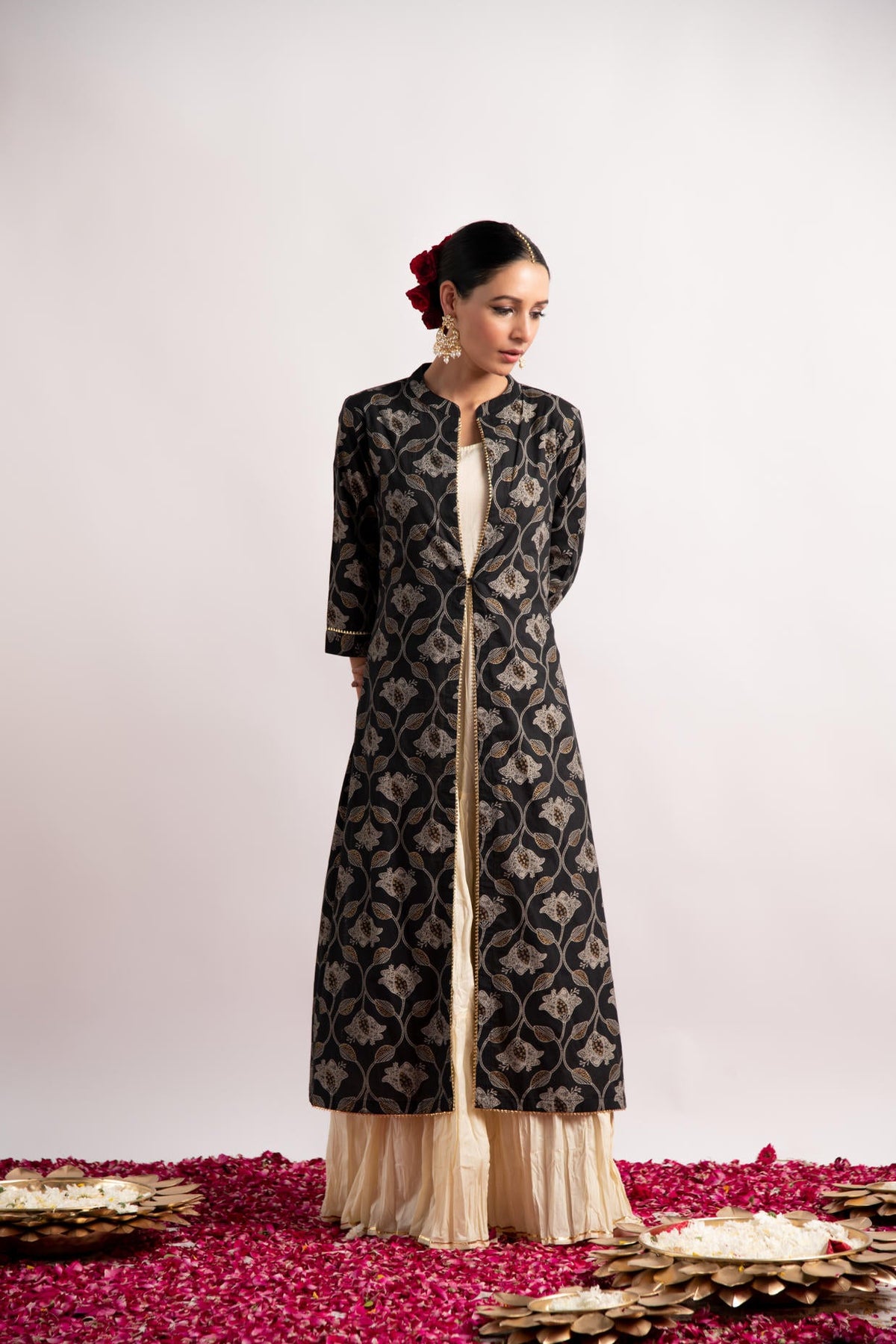 Black Gold Print Double Layer Dress Kurta