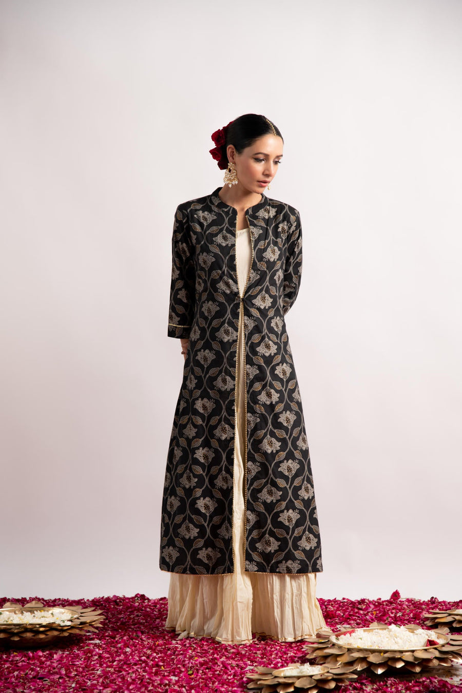 Black Gold Print Double Layer Dress Kurta