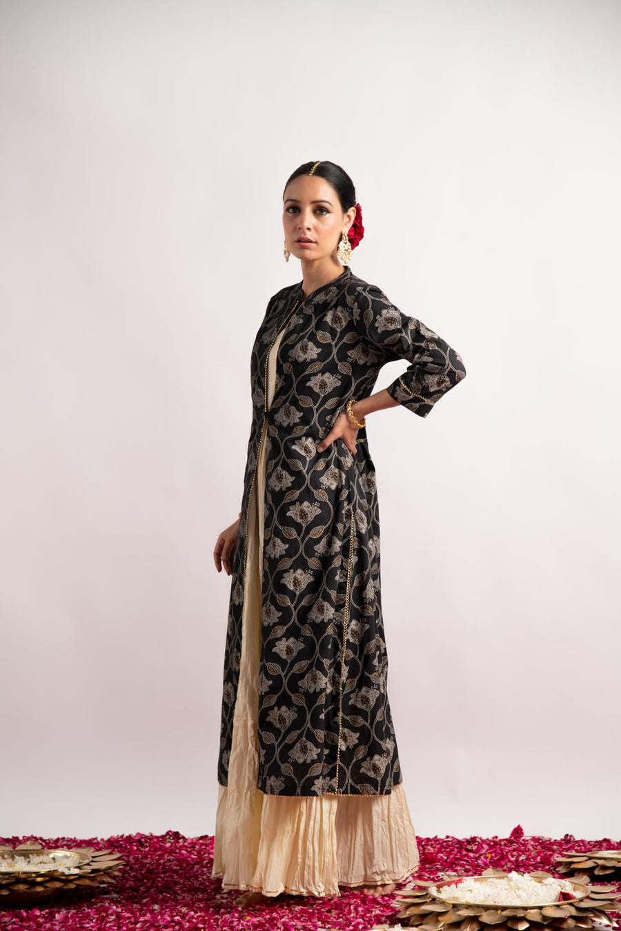 Black Gold Print Double Layer Dress Kurta