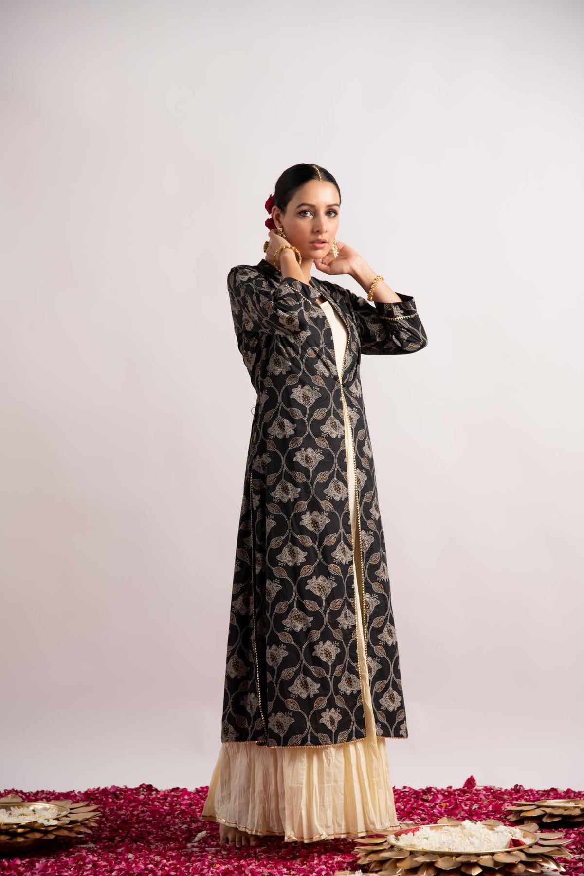 Black Gold Print Double Layer Dress Kurta