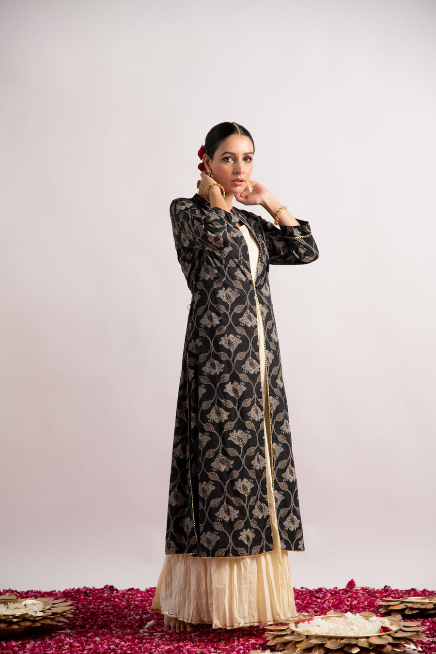 Black Gold Print Double Layer Dress Kurta
