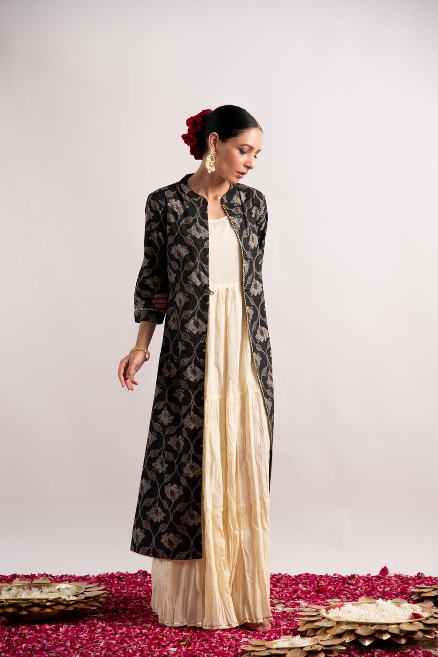 Black Gold Print Double Layer Dress Kurta