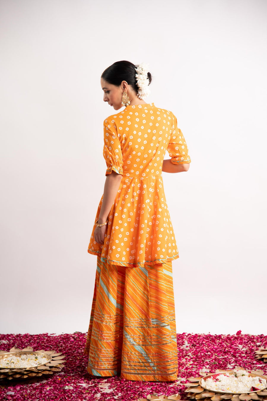 Orange Bandhani Print Kurta with Leheriya Skirt and Dupatta