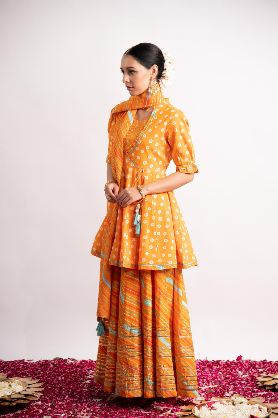Orange Bandhani Print Kurta with Leheriya Skirt and Dupatta