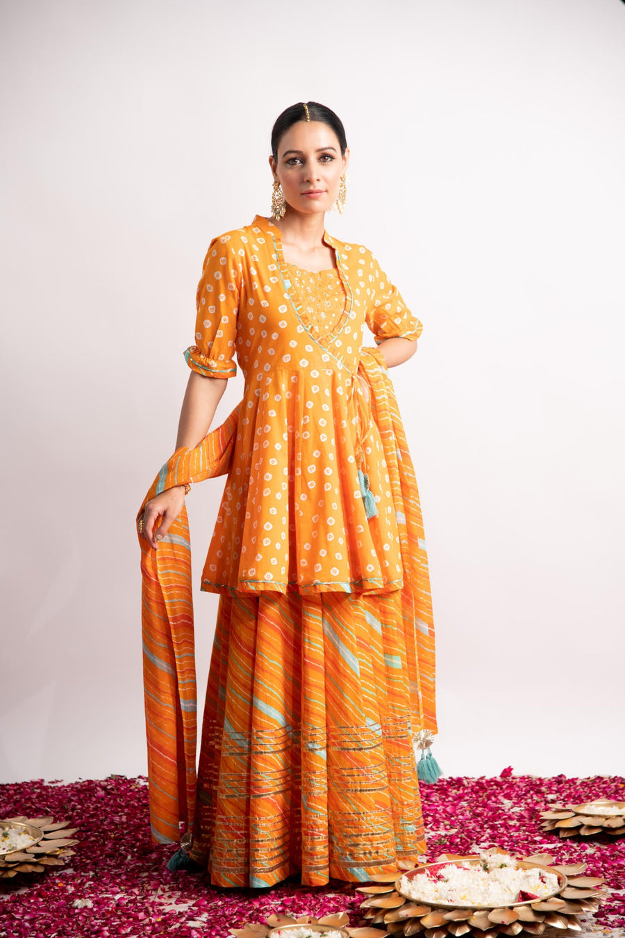 Orange Bandhani Print Kurta with Leheriya Skirt and Dupatta