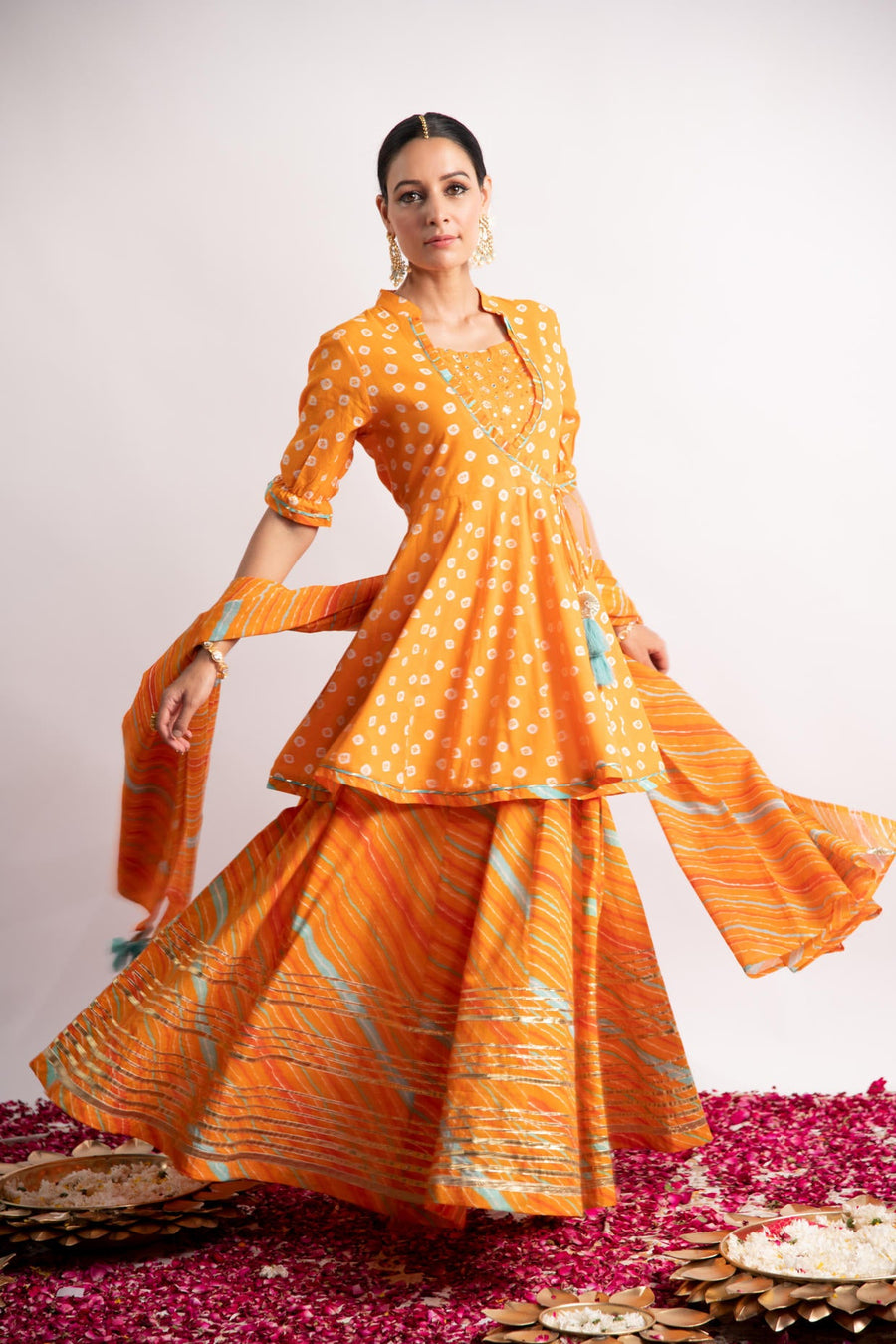 Orange Bandhani Print Kurta with Leheriya Skirt and Dupatta