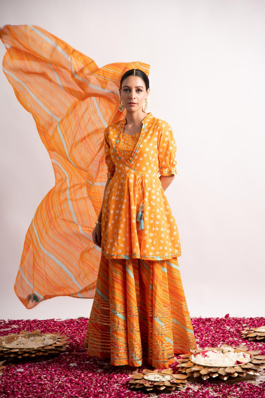Orange Bandhani Print Kurta with Leheriya Skirt and Dupatta