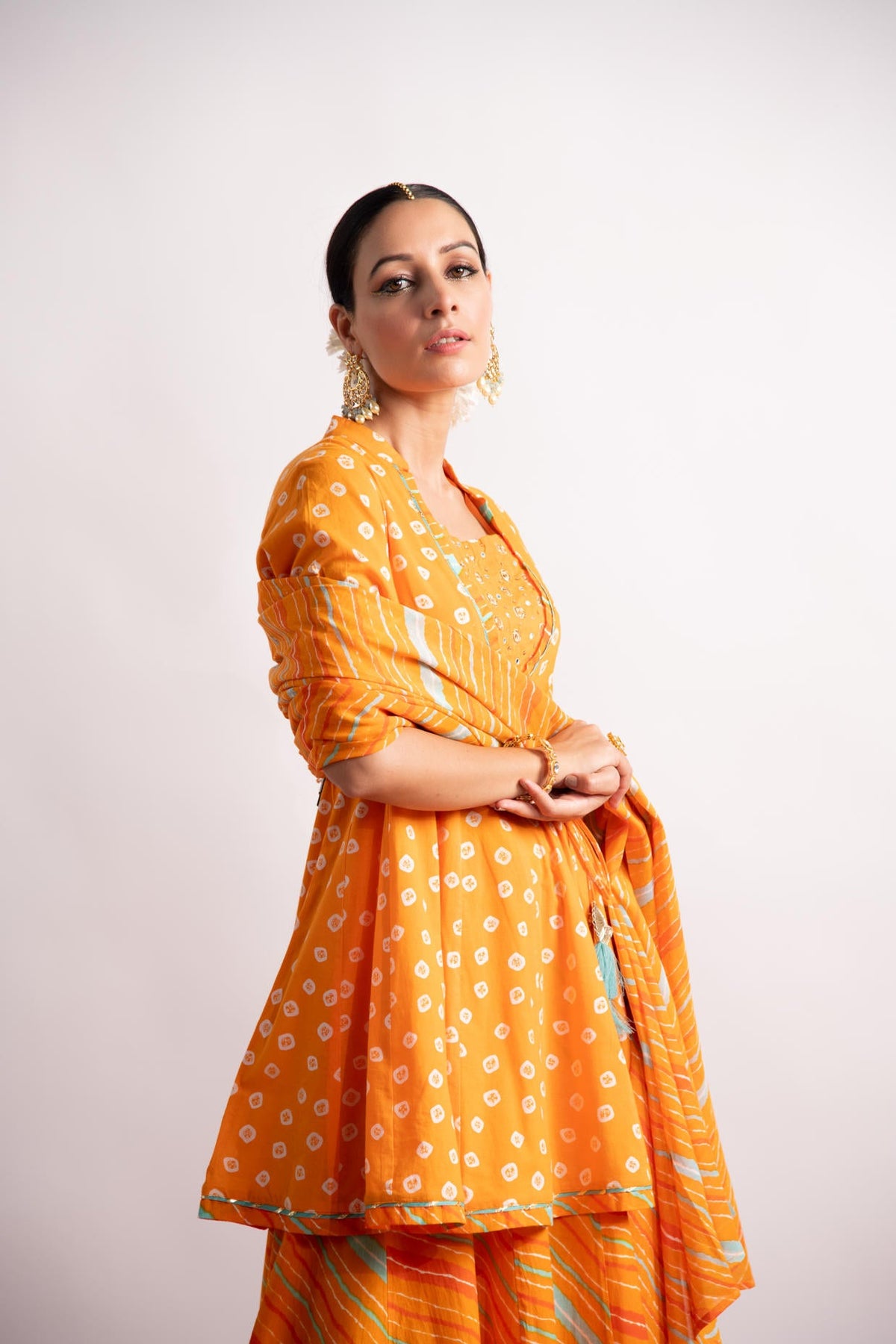 Orange Bandhani Print Kurta with Leheriya Skirt and Dupatta
