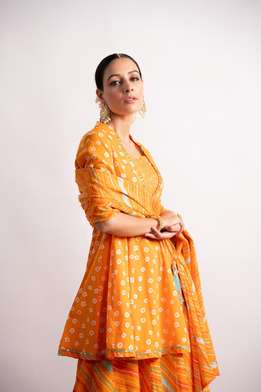 Orange Bandhani Print Kurta with Leheriya Skirt and Dupatta