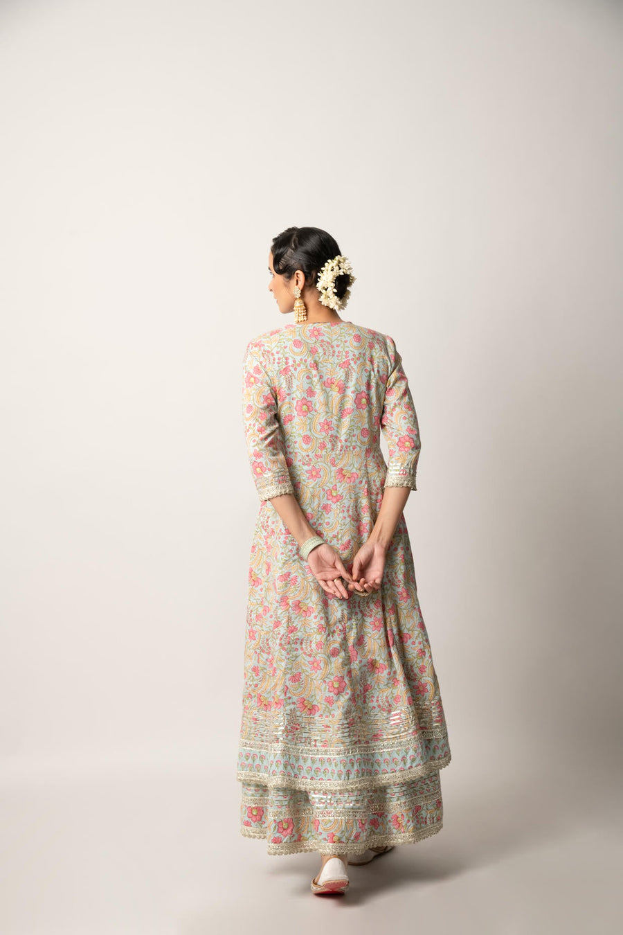 Grey Handblock Floral Printed Double Layered Kalidaar Dress