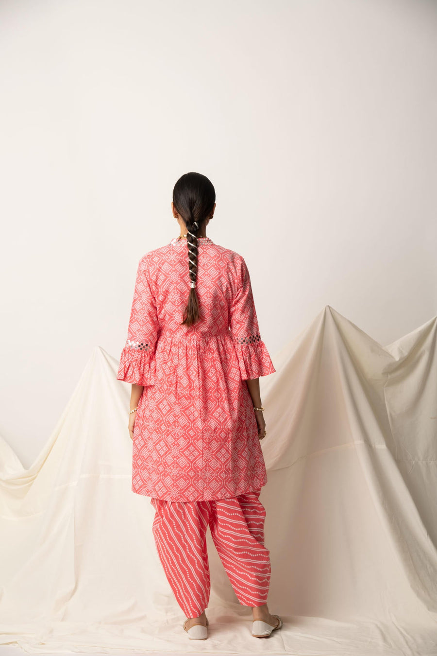 Pink Bandhani Print Shrug with Inner and Dhoti