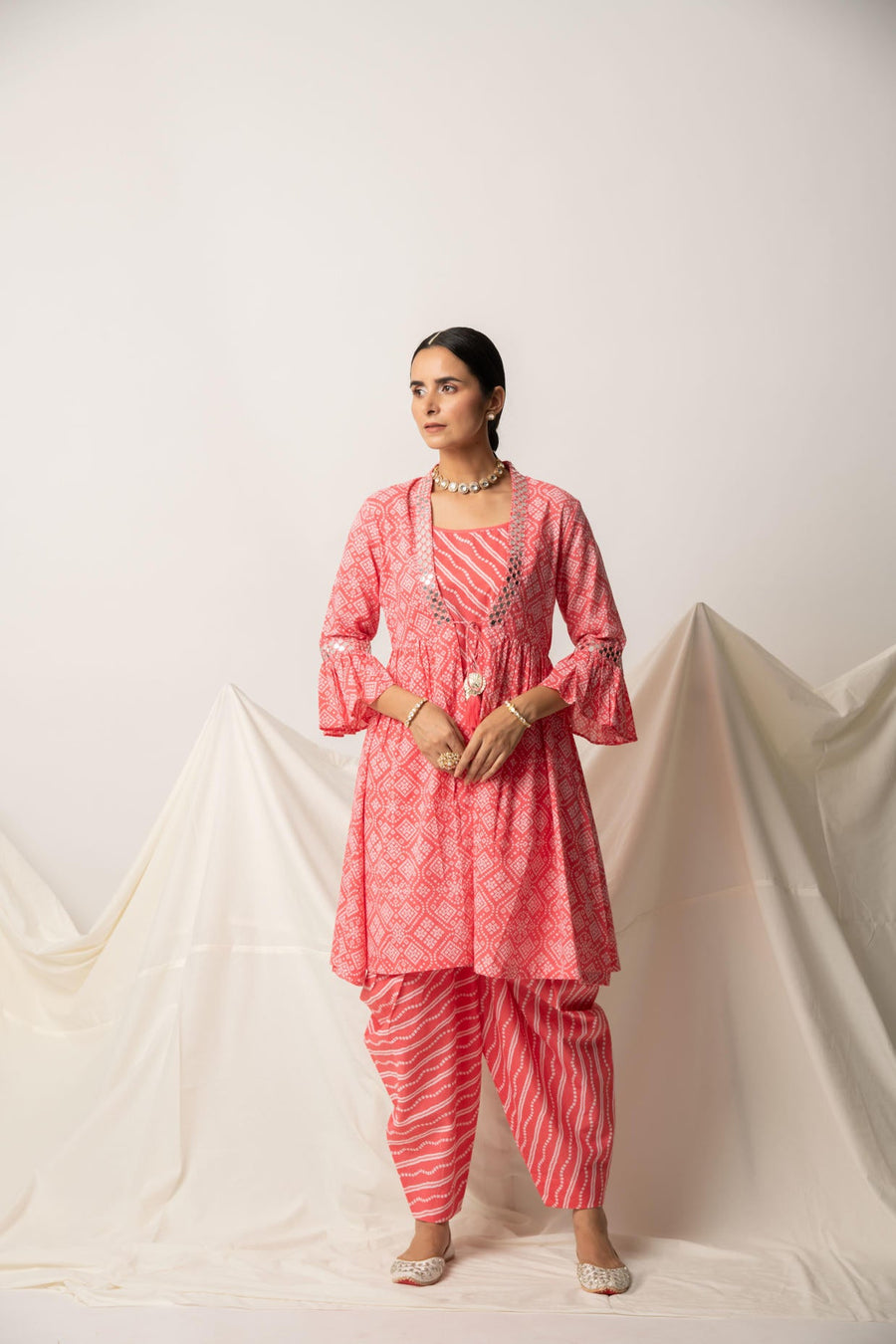 Pink Bandhani Print Shrug with Inner and Dhoti
