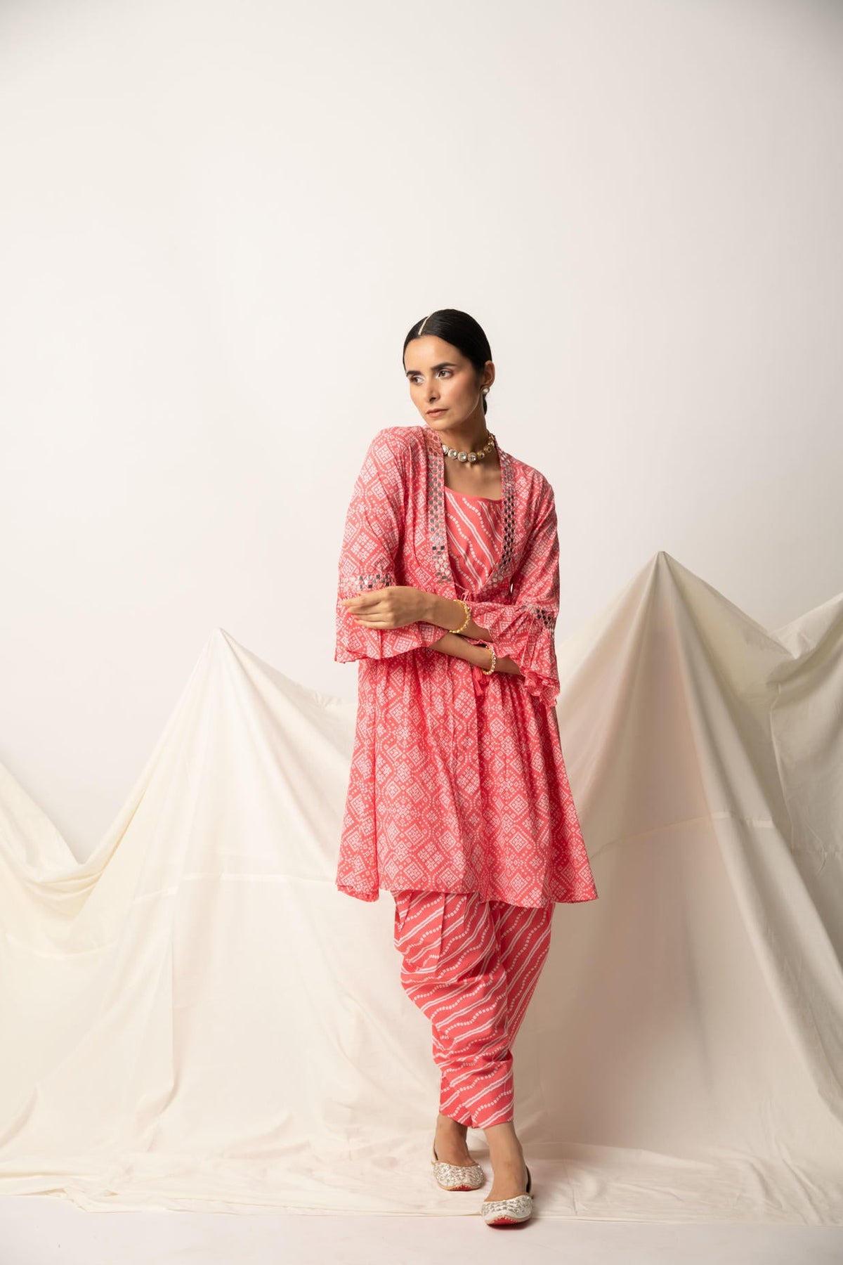 Pink Bandhani Print Shrug with Inner and Dhoti