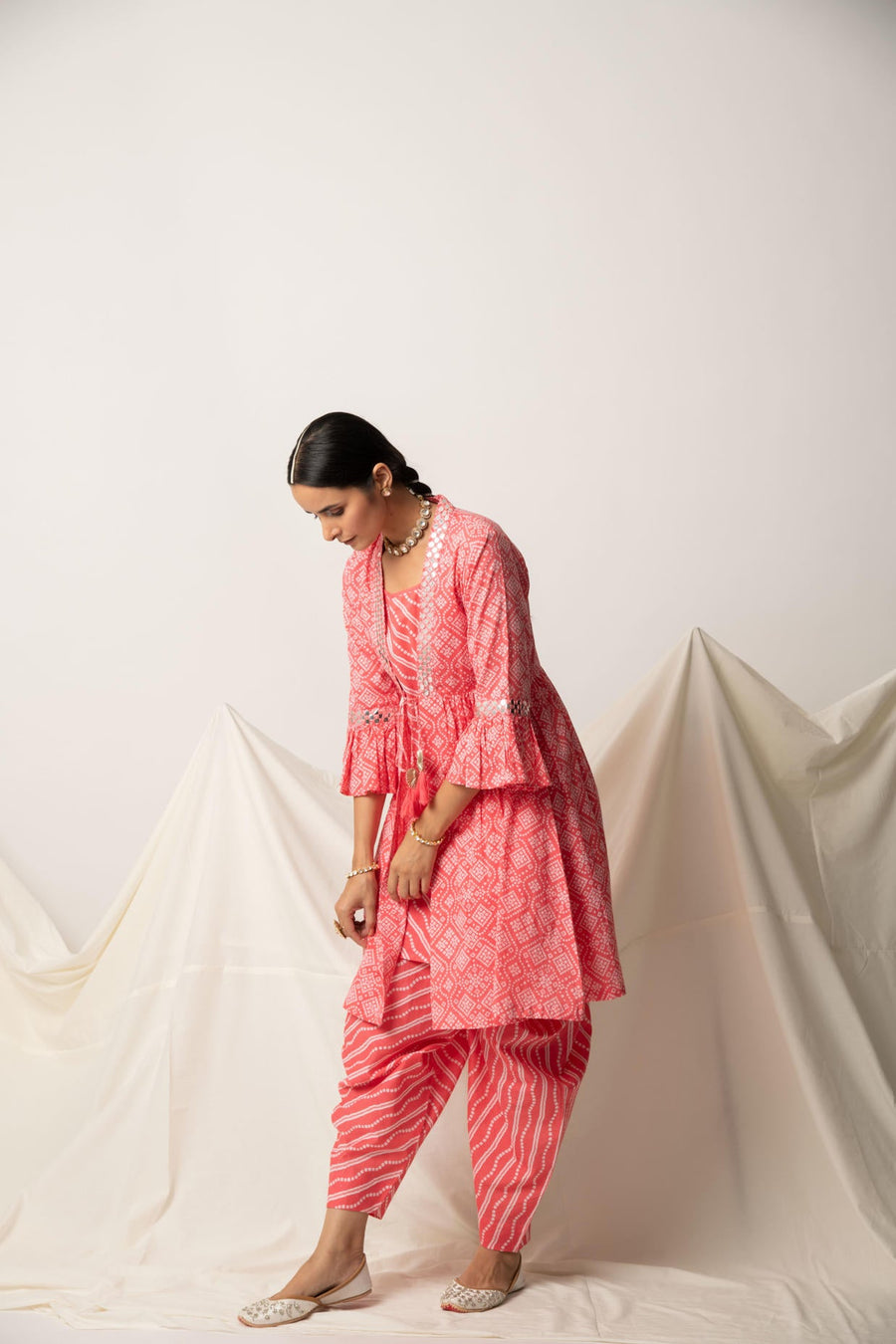 Pink Bandhani Print Shrug with Inner and Dhoti