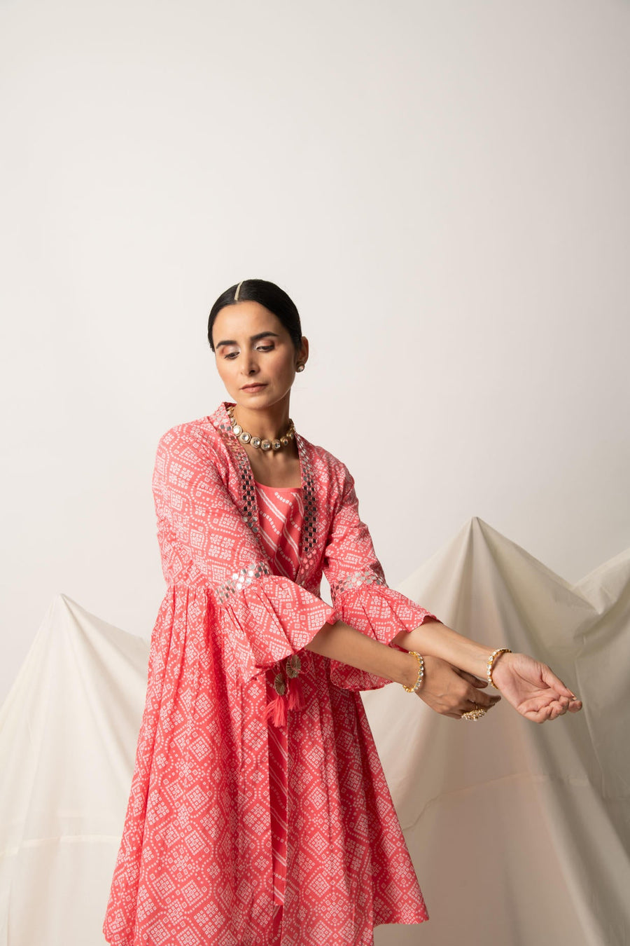 Pink Bandhani Print Shrug with Inner and Dhoti