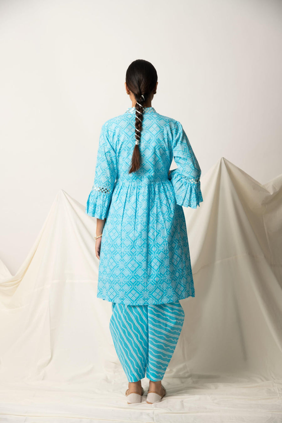 Blue Bandhani Print Shrug with Inner and Dhoti