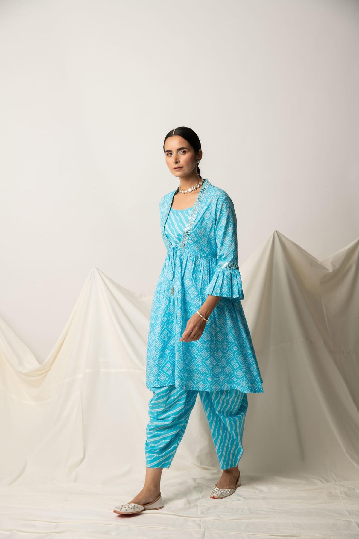 Blue Bandhani Print Shrug with Inner and Dhoti